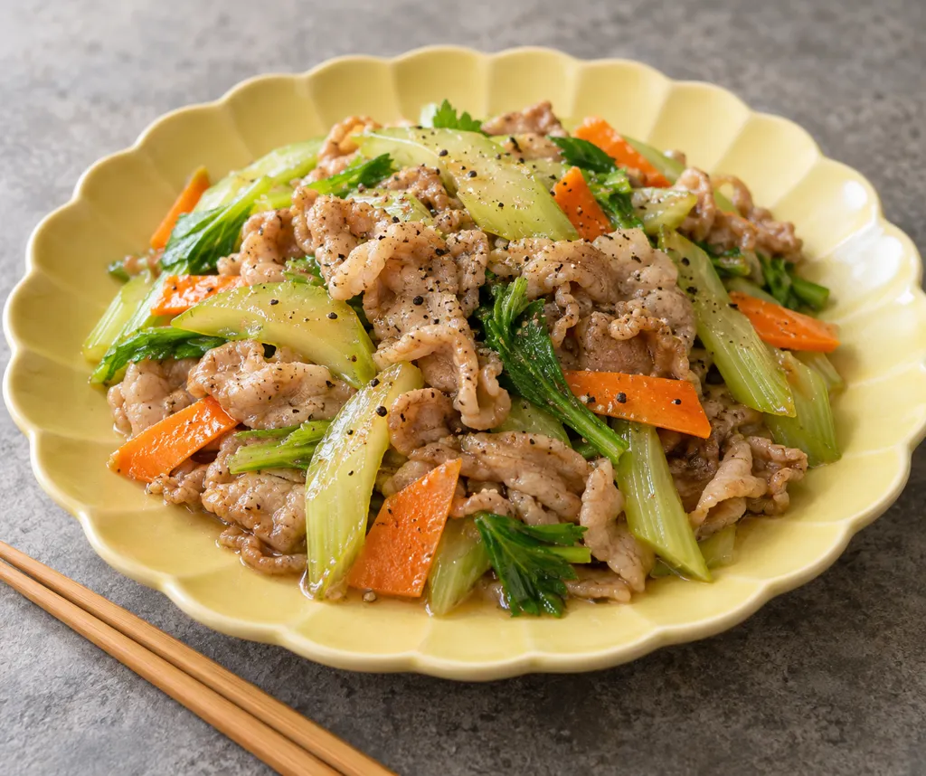 豚肉とセロリの黒こしょう炒めの完成イメージ