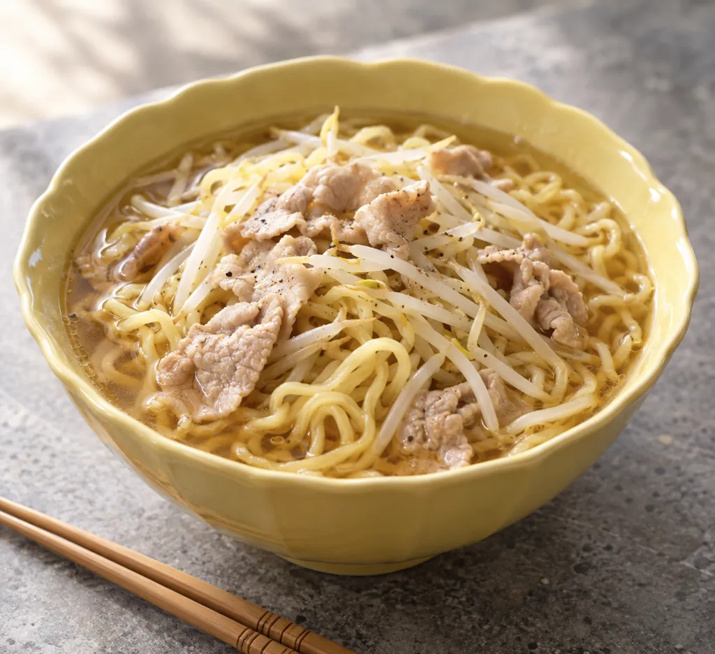 豚こま肉ともやしの中華スープ麺の完成イメージ
