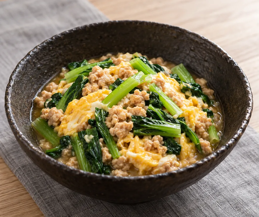 鶏ひき肉と小松菜の卵とじの完成イメージ