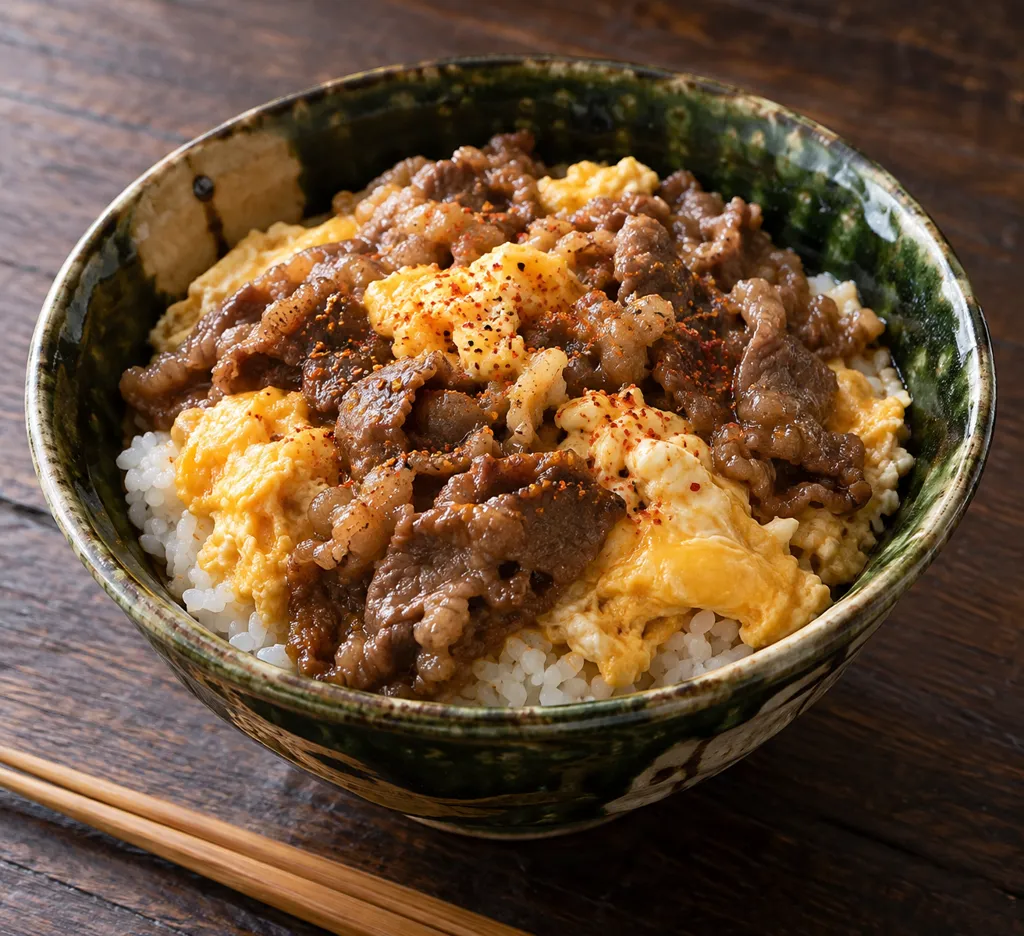 牛こまと炒り卵の七味醤油丼の完成イメージ