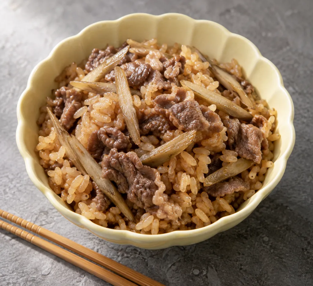 牛こま肉とごぼうの中華炊き込みご飯の完成イメージ