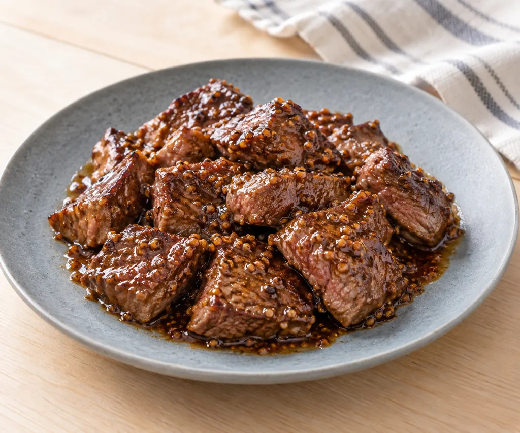 牛ステーキ肉の粒マスタード甘辛焼きの完成イメージ