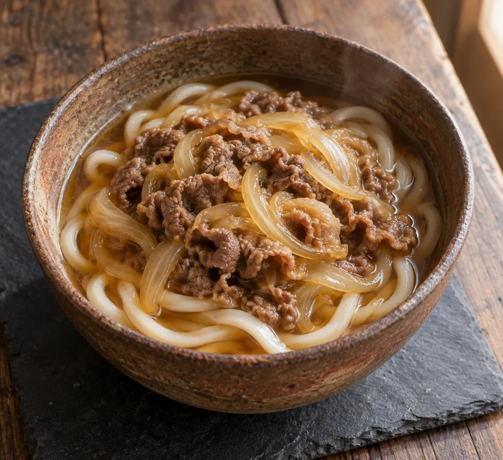 牛こま肉と玉ねぎの甘口かけうどんの完成イメージ