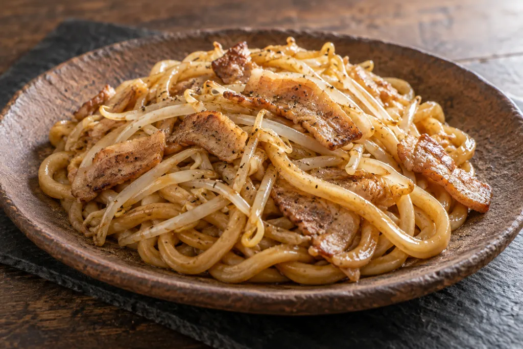 豚バラ肉ともやしの焼きうどんの完成イメージ