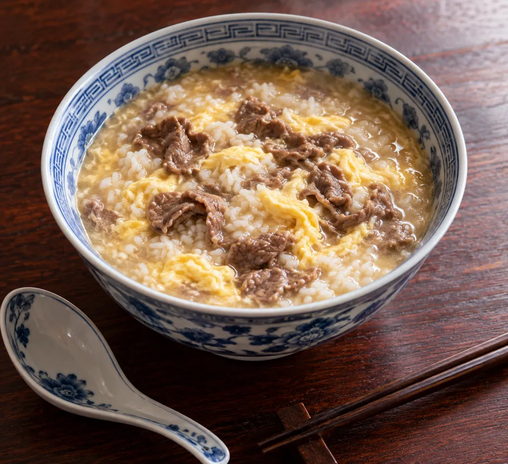 牛こま肉と卵の中華雑炊の完成イメージ