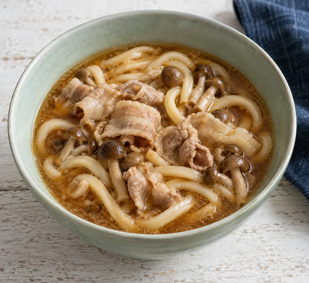 豚バラ肉としめじの味噌煮込みうどんの完成イメージ