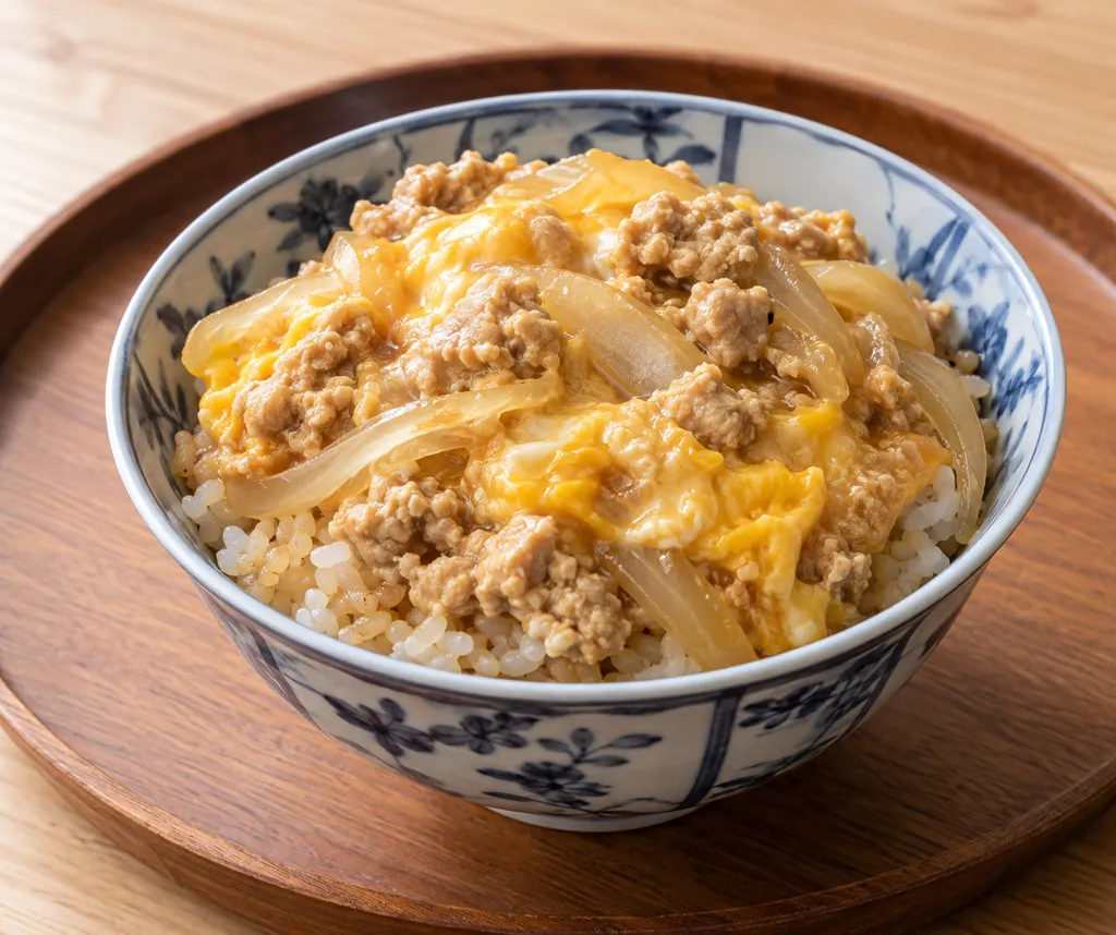 鶏ひき肉の玄米入り親子丼の完成イメージ