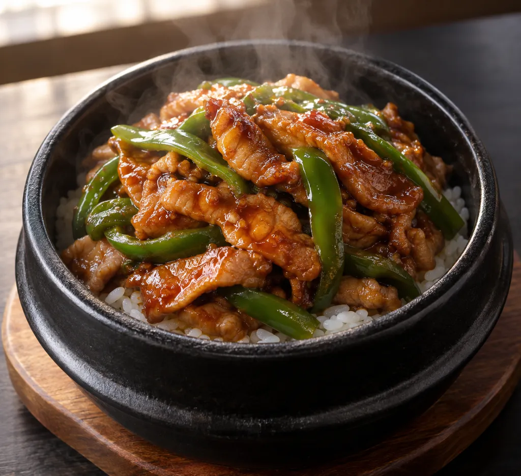 豚ロースとピーマンの韓国甘辛丼の完成イメージ