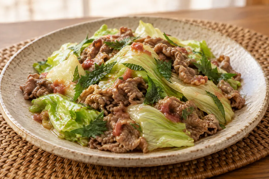 牛肉とレタスの梅しそ炒めの完成イメージ