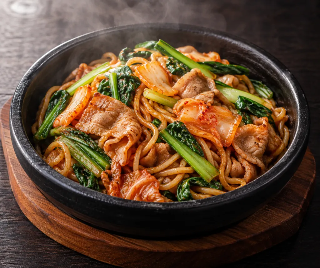 豚もも肉と小松菜のキムチ焼きそばの完成イメージ