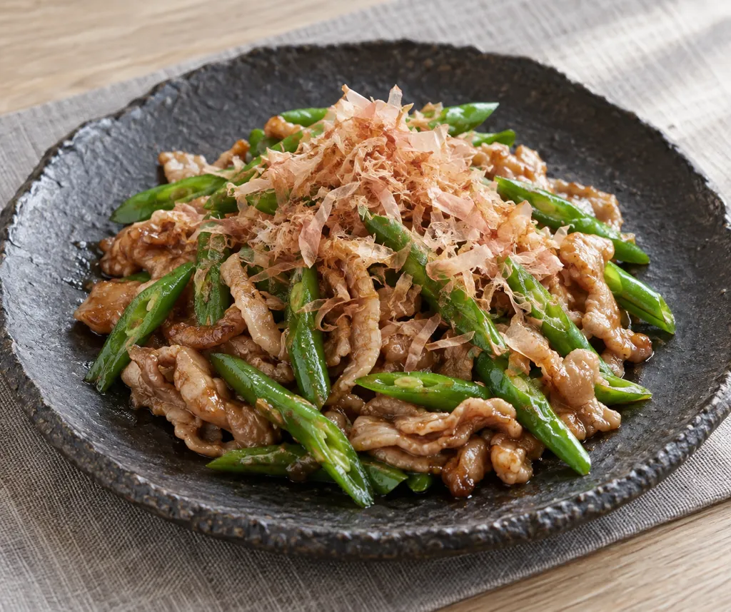 豚こま肉といんげんのおかか炒めの完成イメージ