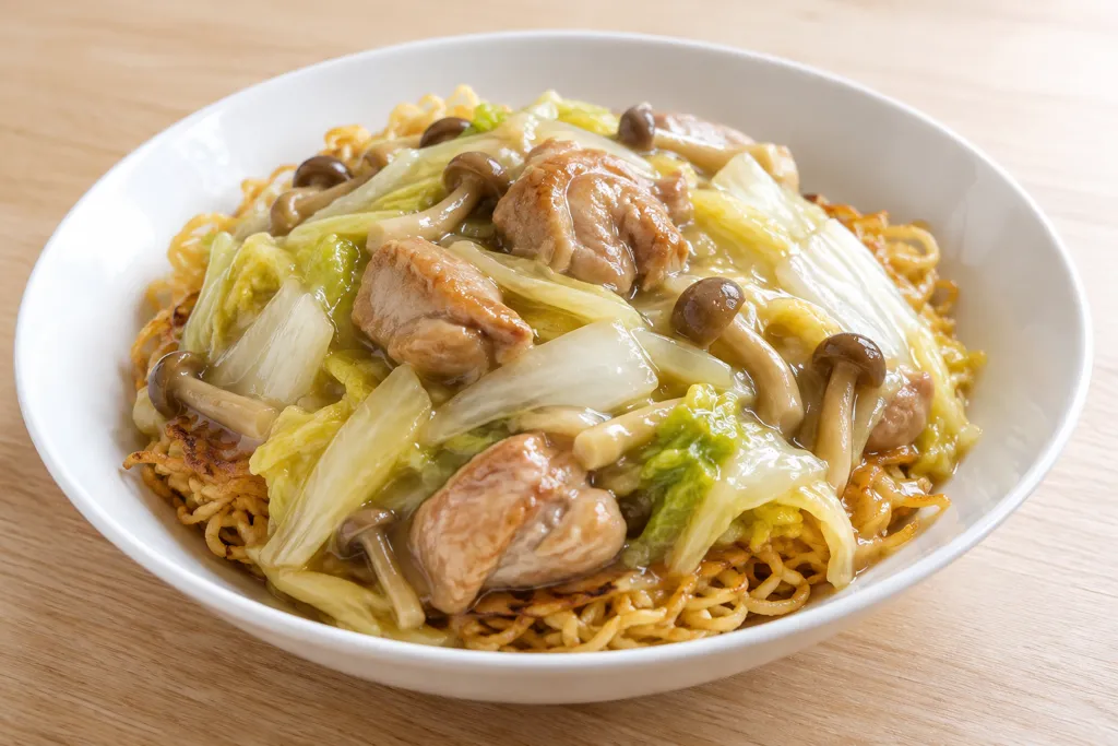 鶏もも肉と白菜のあんかけ焼きそばの完成イメージ