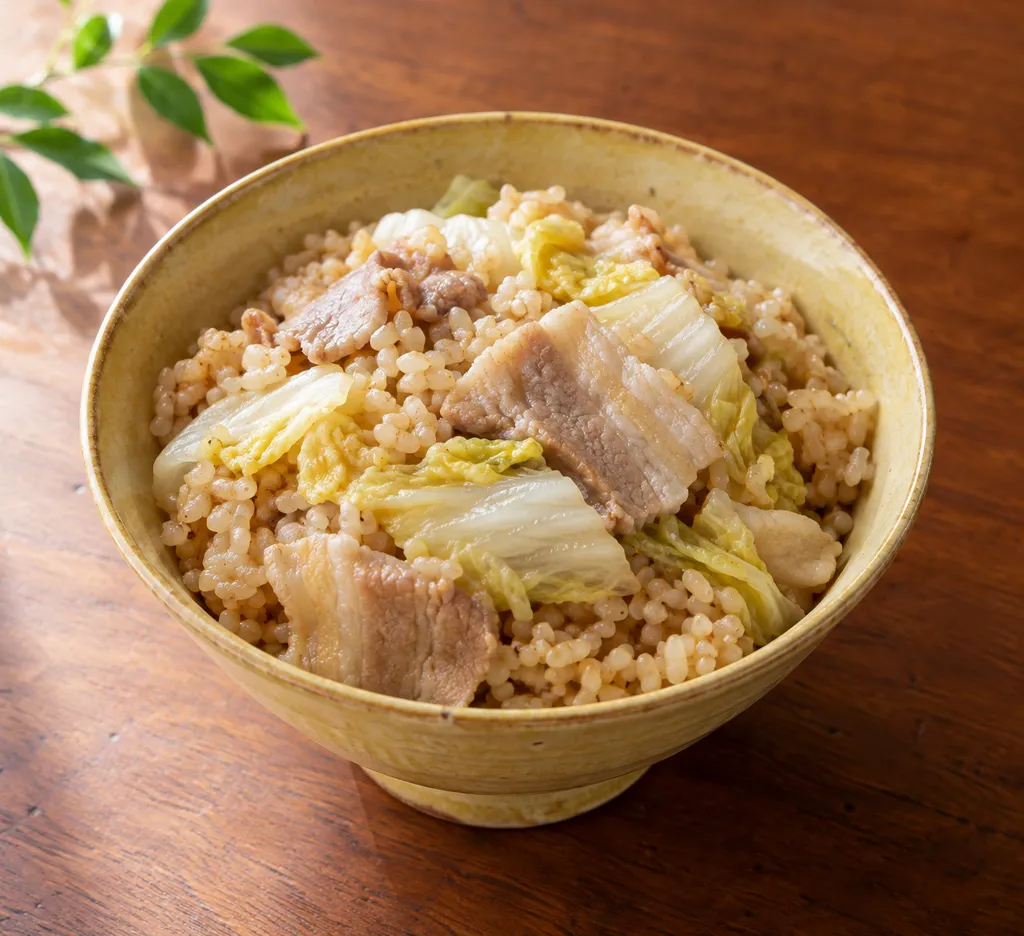 豚バラ肉と白菜の玄米炊き込みごはんの完成イメージ