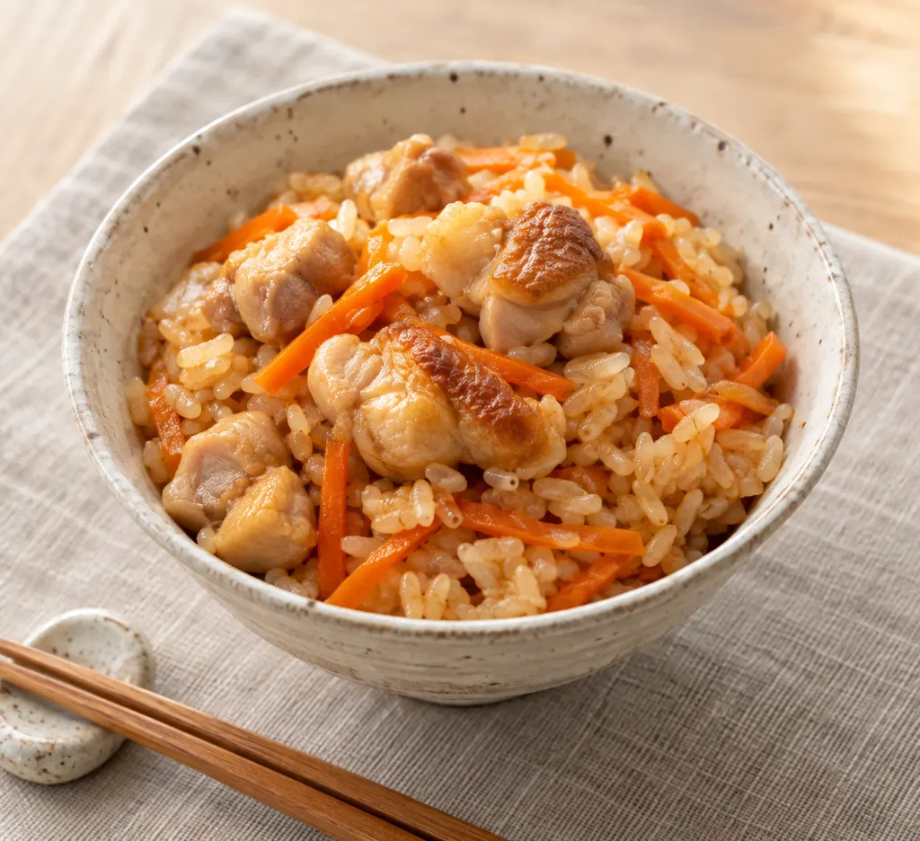 鶏もも肉とにんじんのしょうが混ぜごはんの完成イメージ