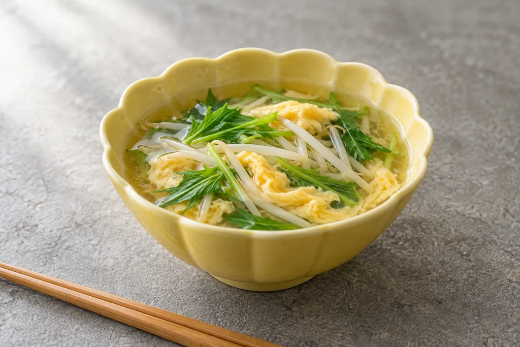もやしと水菜の中華卵スープの完成イメージ