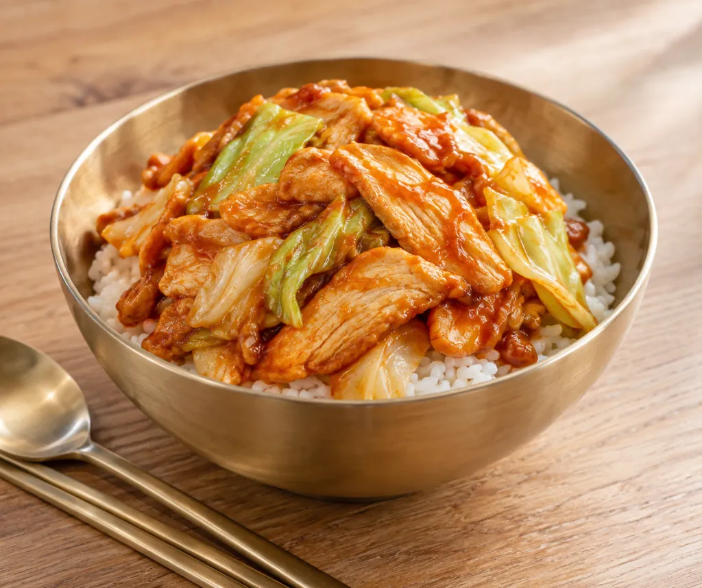 鶏むね肉とキャベツの韓国甘辛丼の完成イメージ