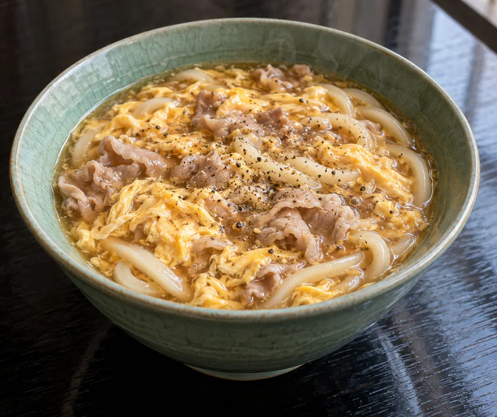 豚こま肉と卵の酸辣湯うどんの完成イメージ