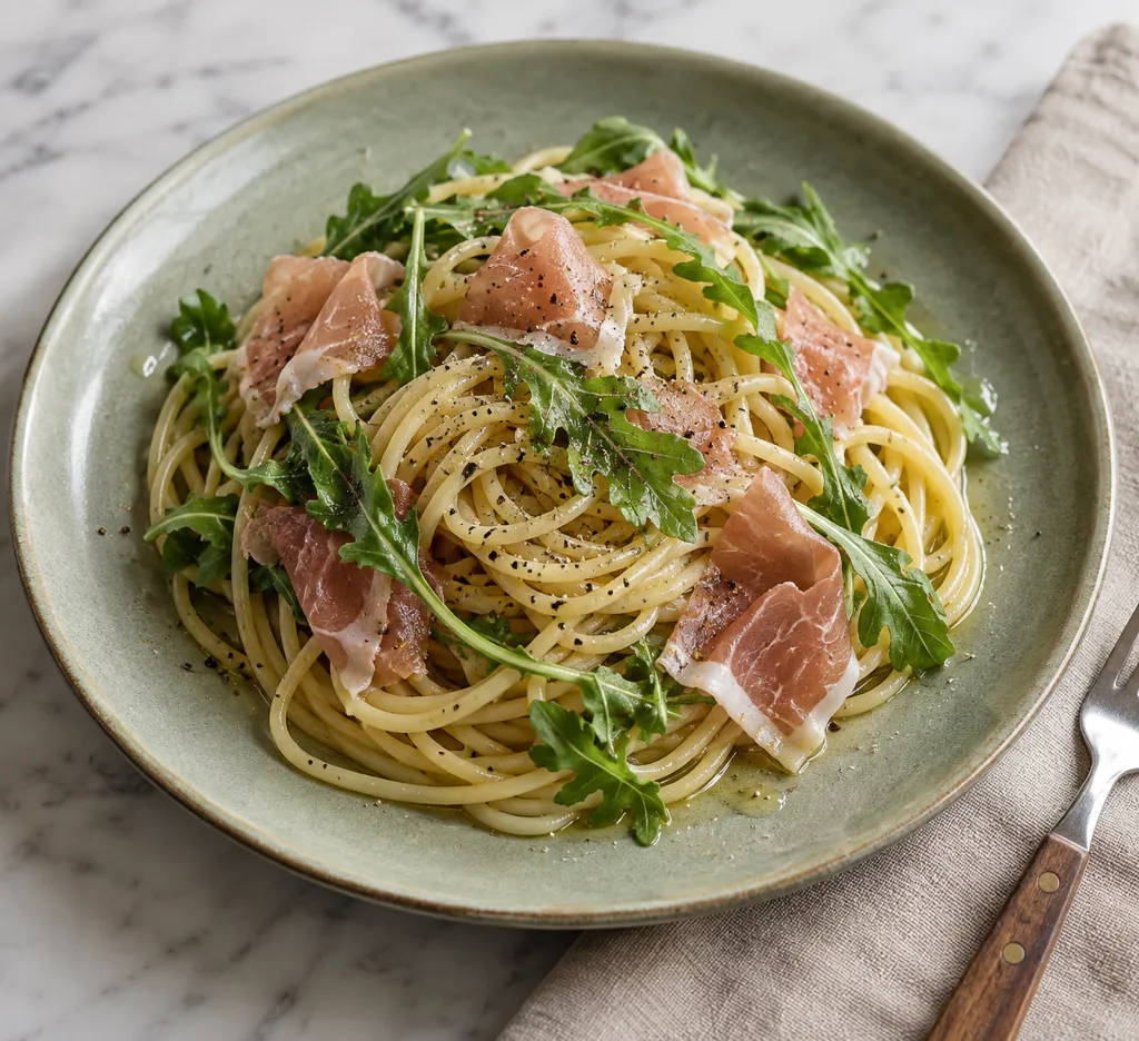生ハムとルッコラのペペロン風パスタの完成イメージ