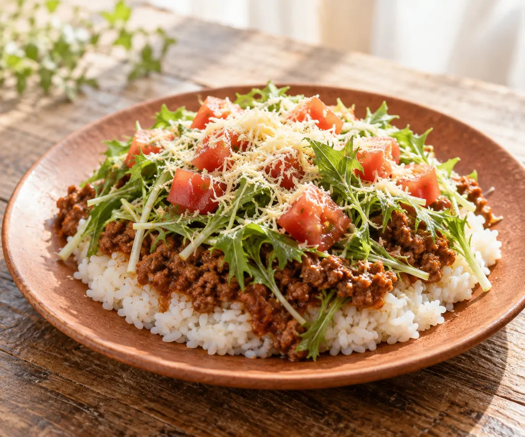 合いびき肉と水菜のタコライスの完成イメージ