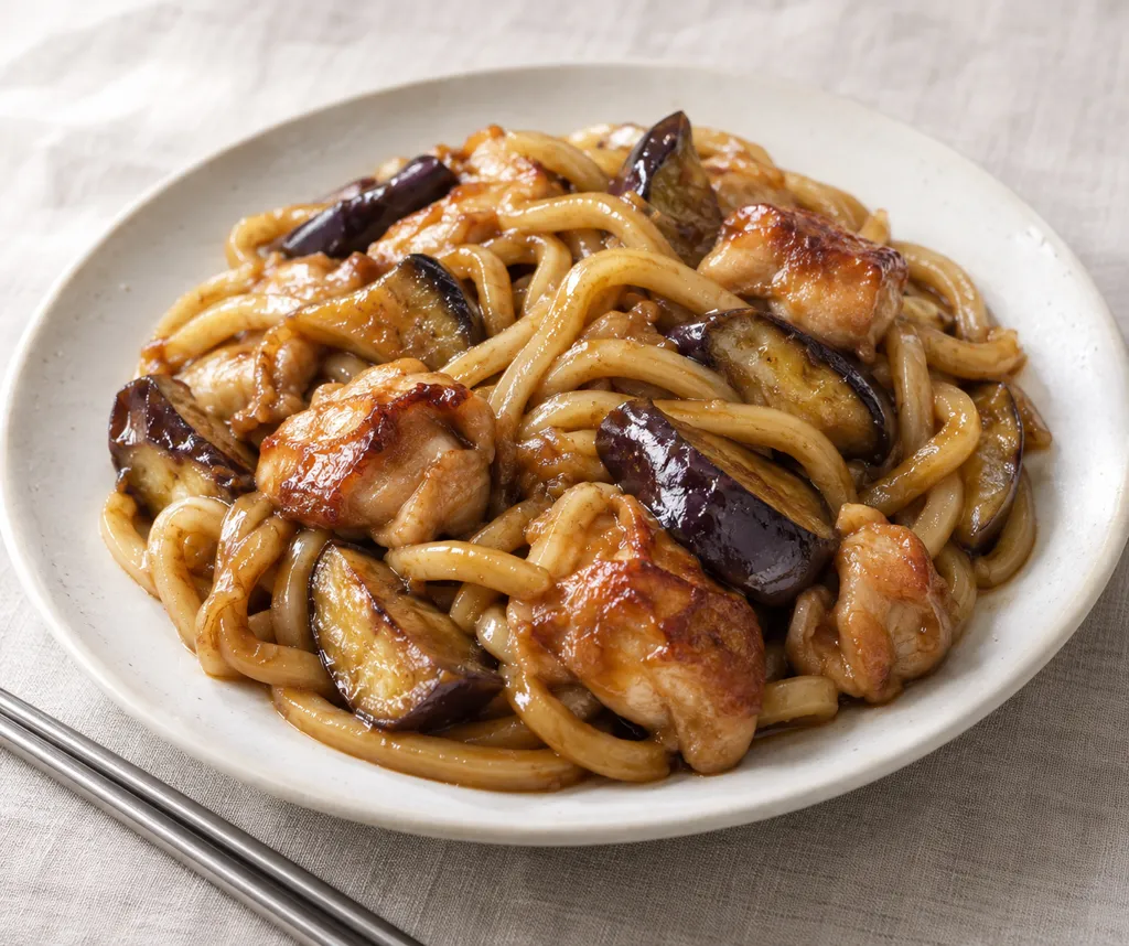 鶏もも肉となすのエスニック焼きうどんの完成イメージ