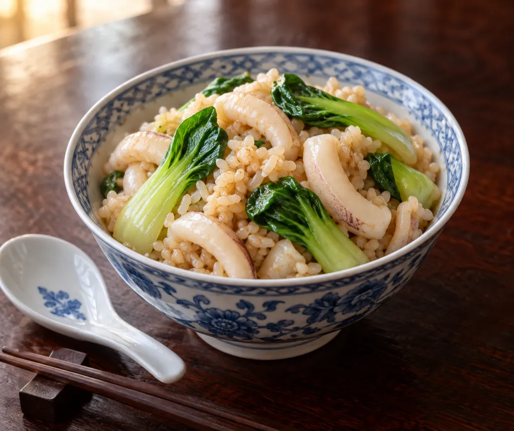 いかとチンゲン菜の中華炊き込みご飯の完成イメージ