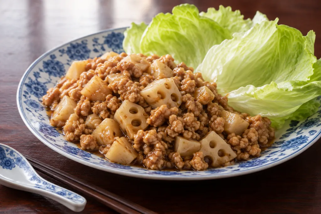 鶏ひき肉とれんこんの中華レタス包みの完成イメージ