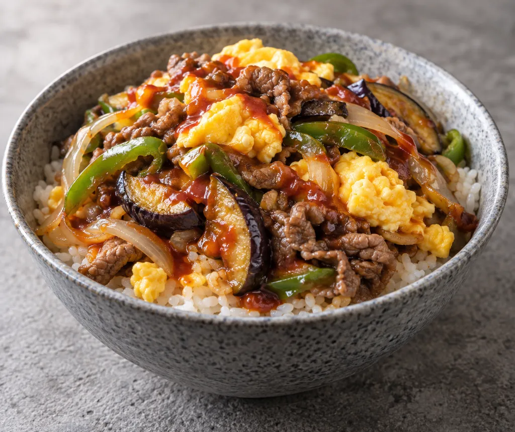 牛こま肉となすのビビンバの完成イメージ