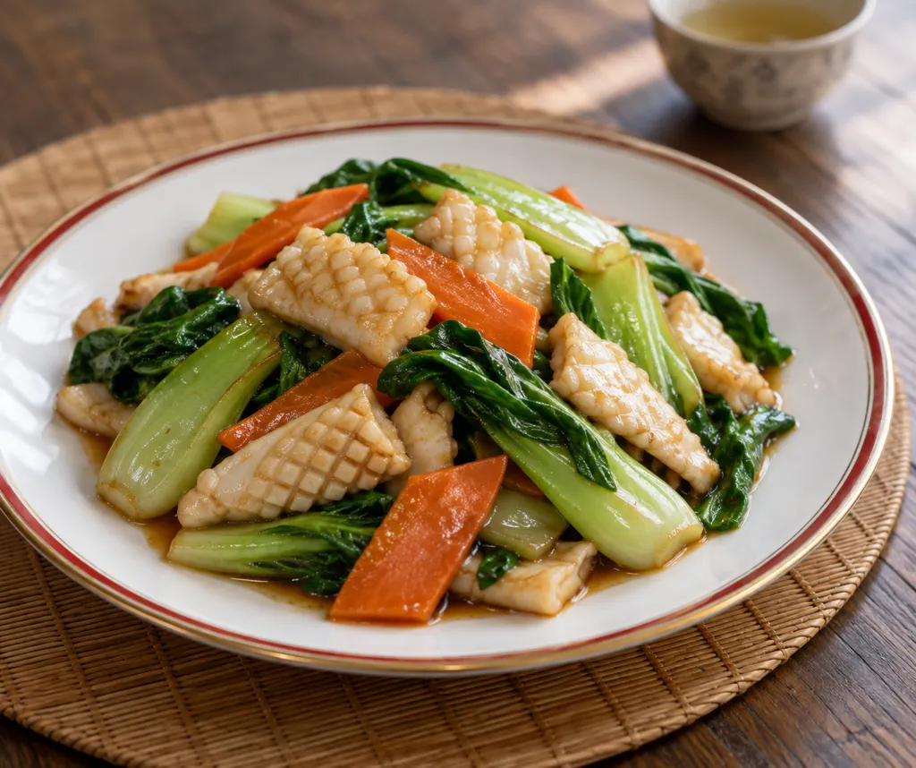 いかとチンゲン菜の生姜醤油炒めの完成イメージ