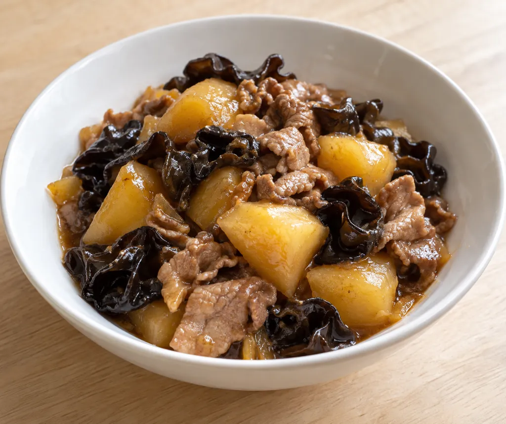 豚肩ロースときくらげの中華肉じゃがの完成イメージ