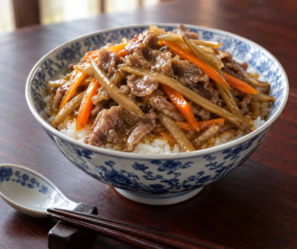 牛薄切り肉とごぼうのあんかけ丼の完成イメージ