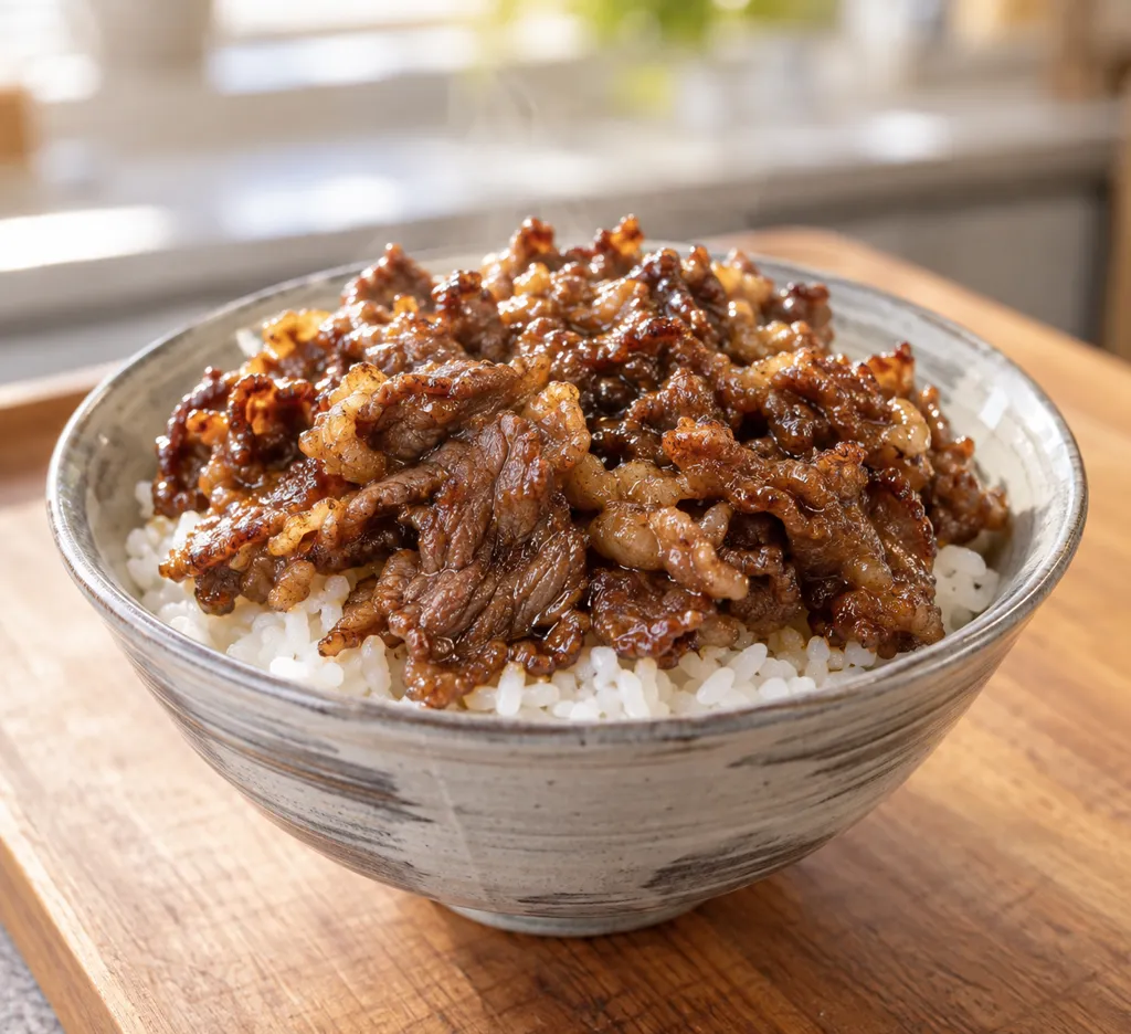 牛こま肉のにんにくから揚げ丼の完成イメージ