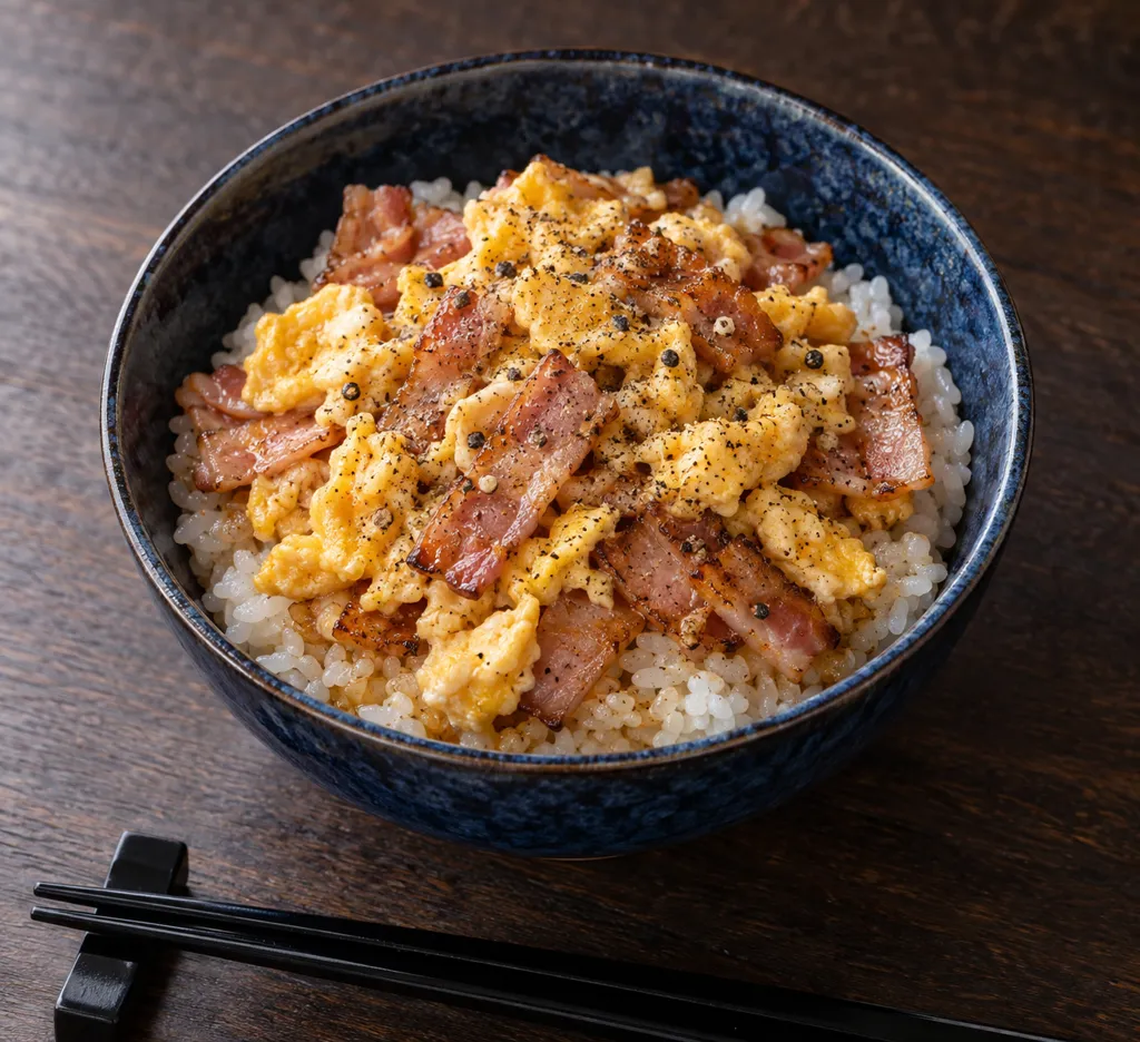 ベーコンと炒り卵のこしょう醤油丼の完成イメージ