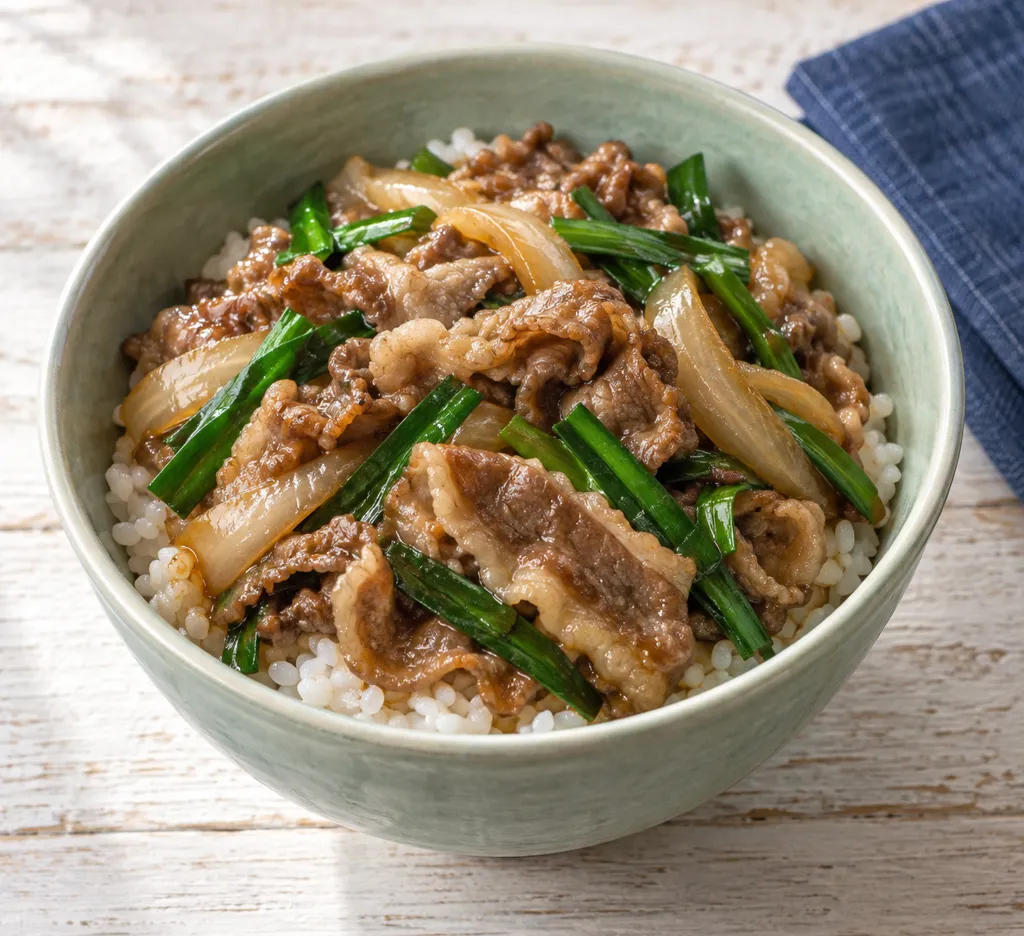 ニラと玉ねぎの牛バラ丼の完成イメージ