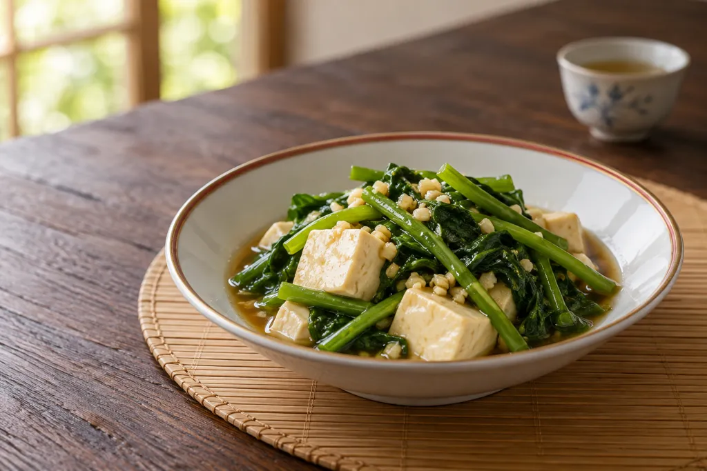 豆腐と空心菜のにんにく中華煮の完成イメージ