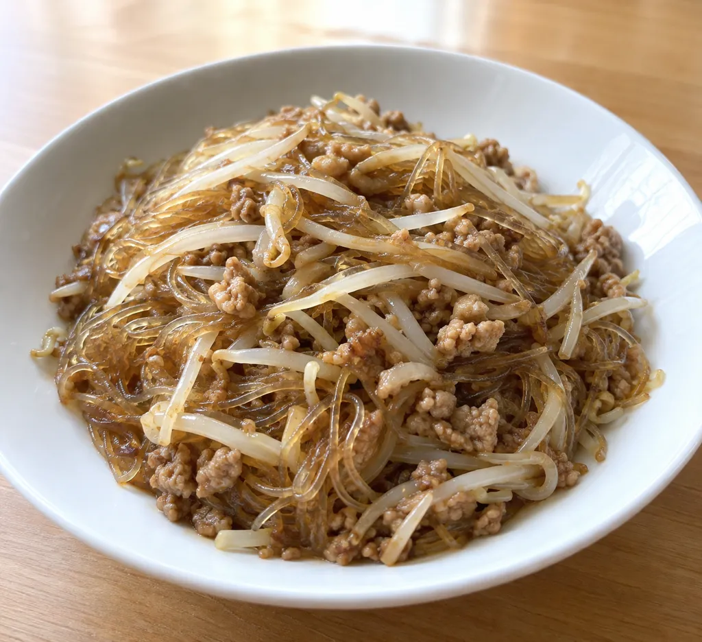 豚ひき肉ともやし春雨の中華炒めの完成イメージ