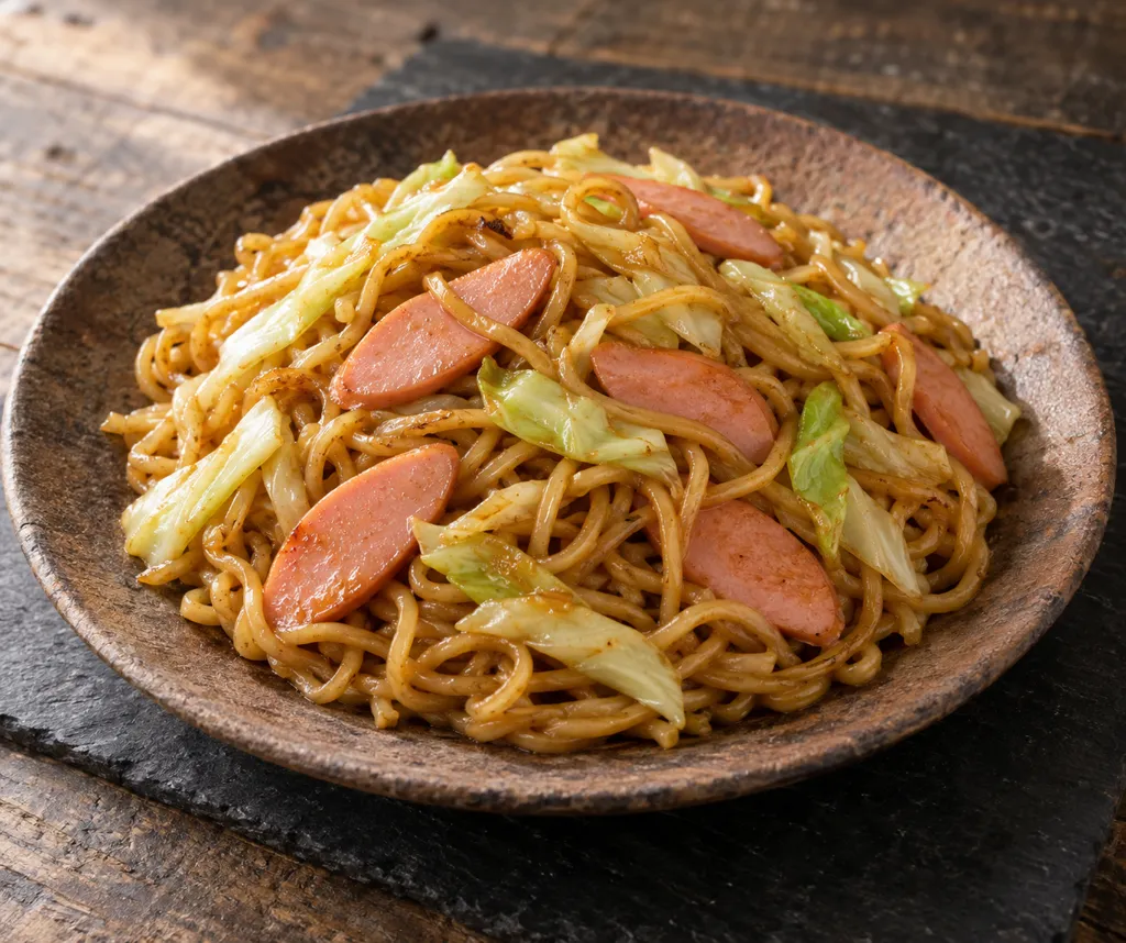 魚肉ソーセージとキャベツの焼きそばの完成イメージ