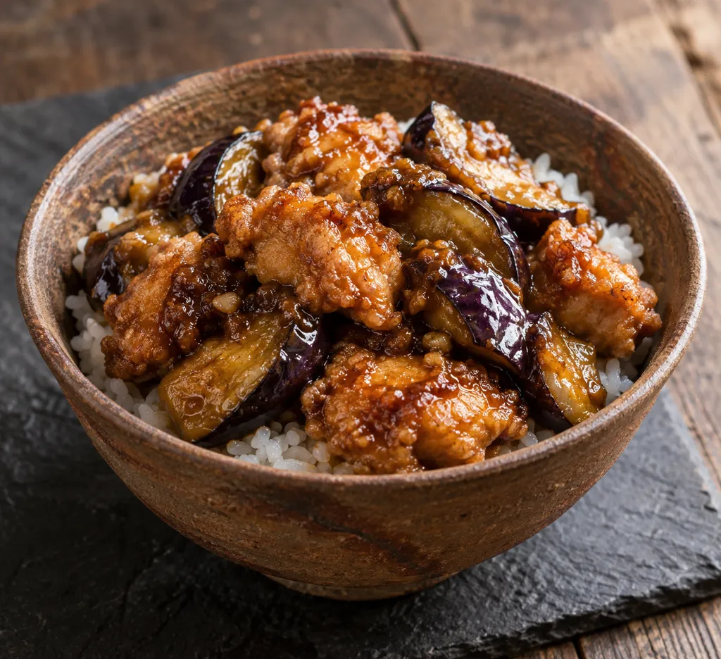 鶏もも肉となすの味噌だれから揚げ丼の完成イメージ