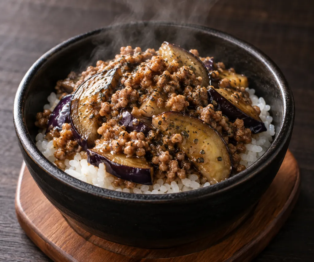 豚ひき肉となすのバジル肉炒め丼の完成イメージ