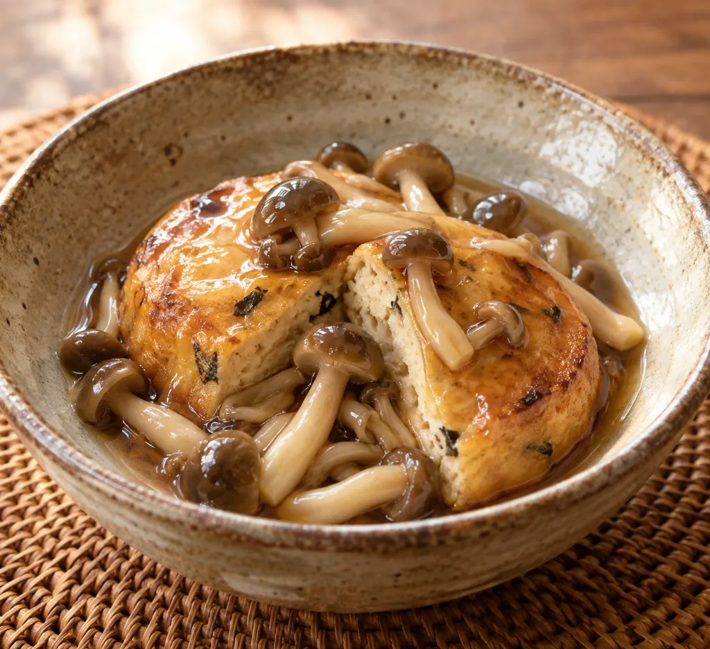 がんもどきとしめじのだし醤油あん焼きの完成イメージ