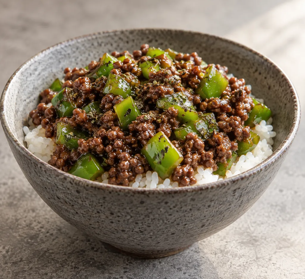 牛ひき肉とピーマンのバジル炒め丼の完成イメージ