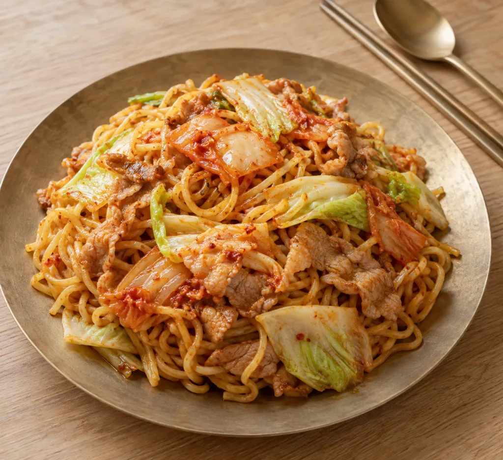豚こま肉とキャベツのキムチ焼きそばの完成イメージ