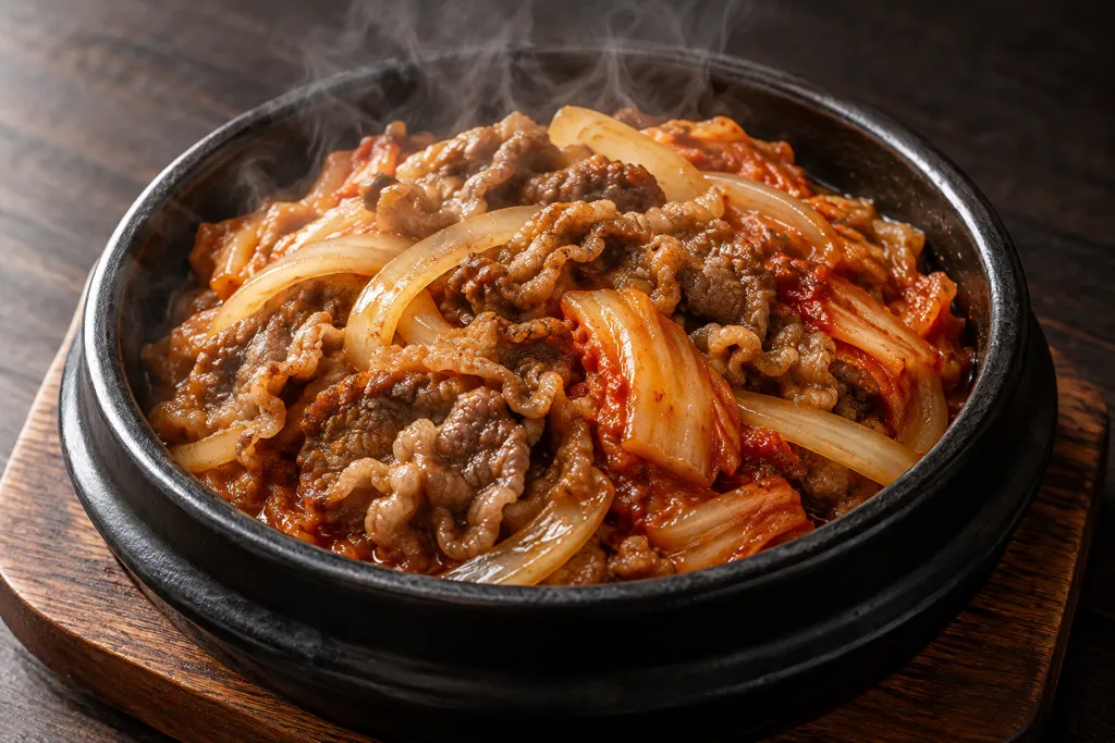 牛バラ肉と玉ねぎのキムチ炒めの完成イメージ