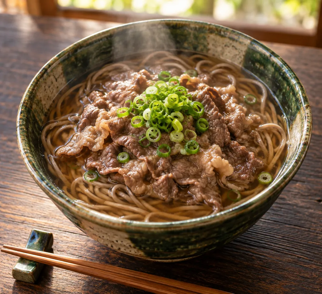 時短牛薄切り肉とねぎの肉そばの完成イメージ