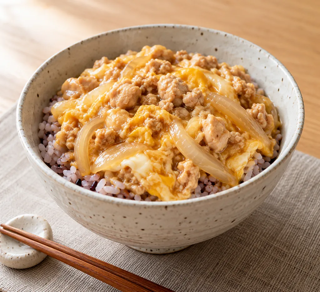 鶏ひき肉と雑穀米の親子丼の完成イメージ