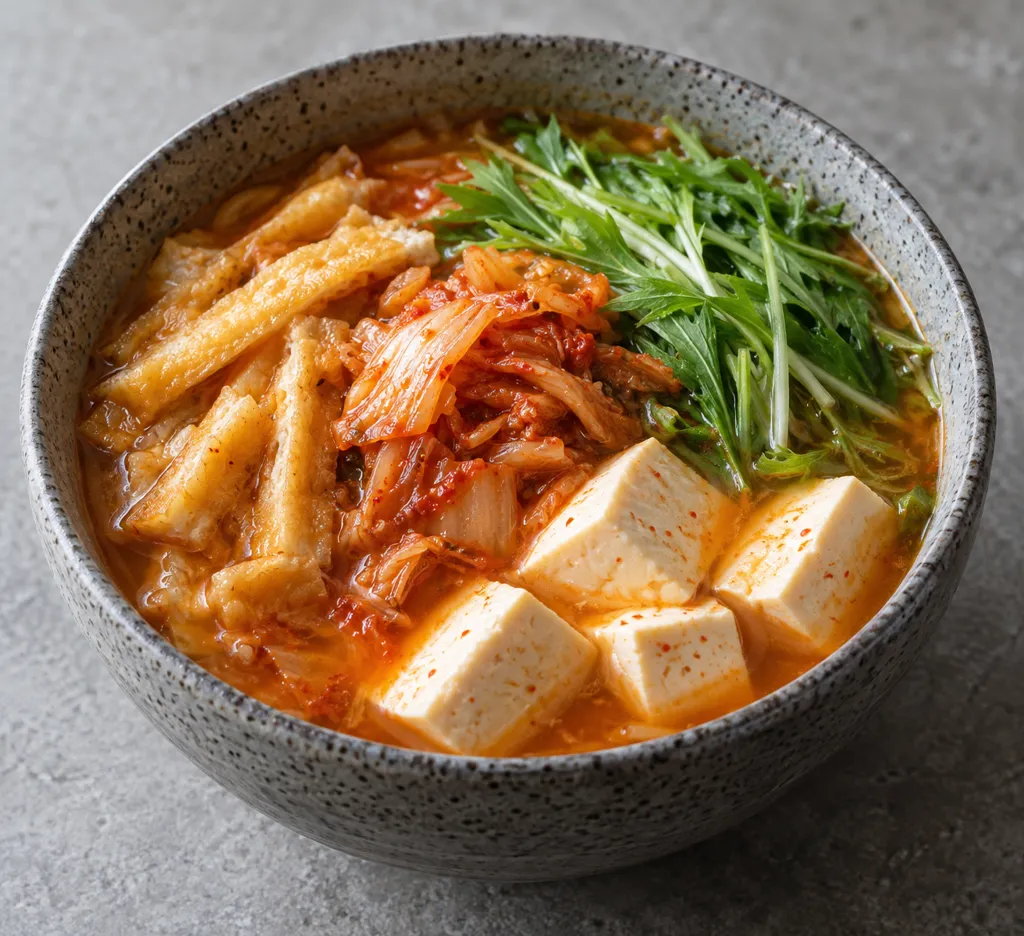 油揚げと水菜のキムチ鍋の完成イメージ