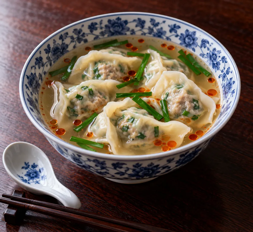 豚ひき肉とニラの香味水餃子スープの完成イメージ