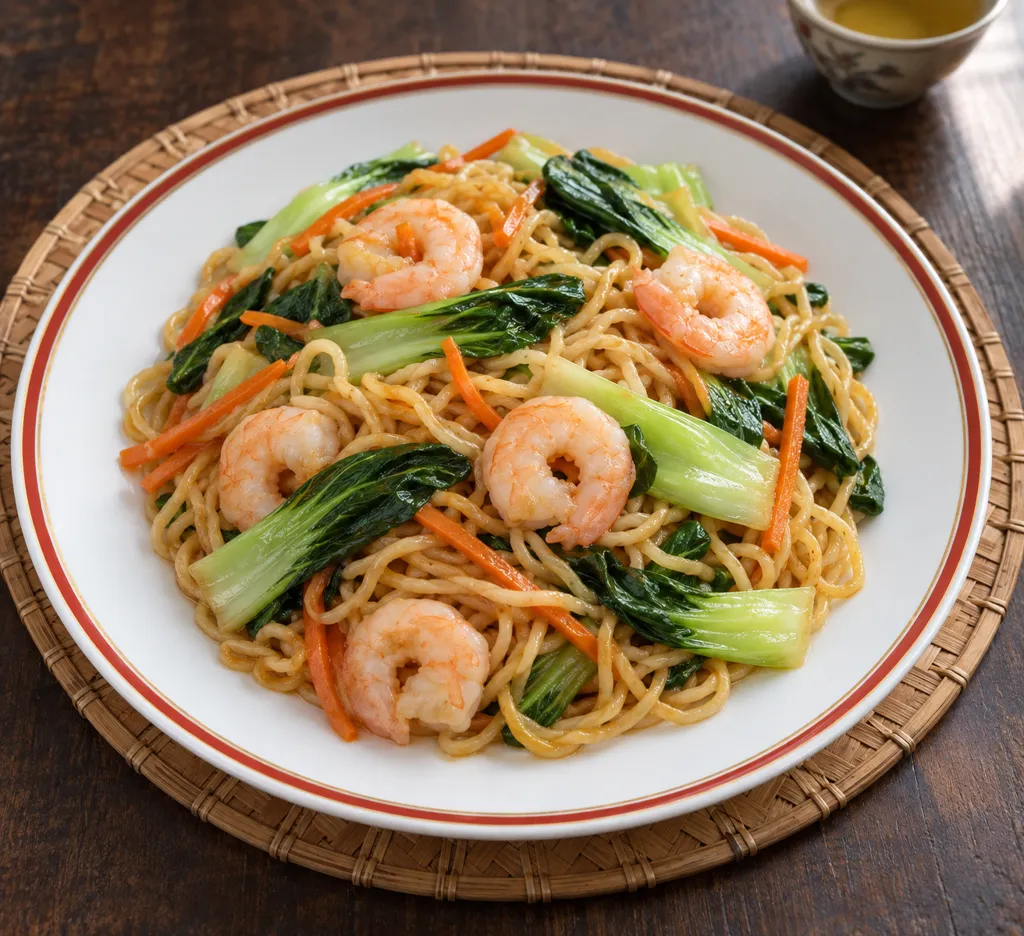 むきえびとチンゲン菜の中華焼き麺の完成イメージ