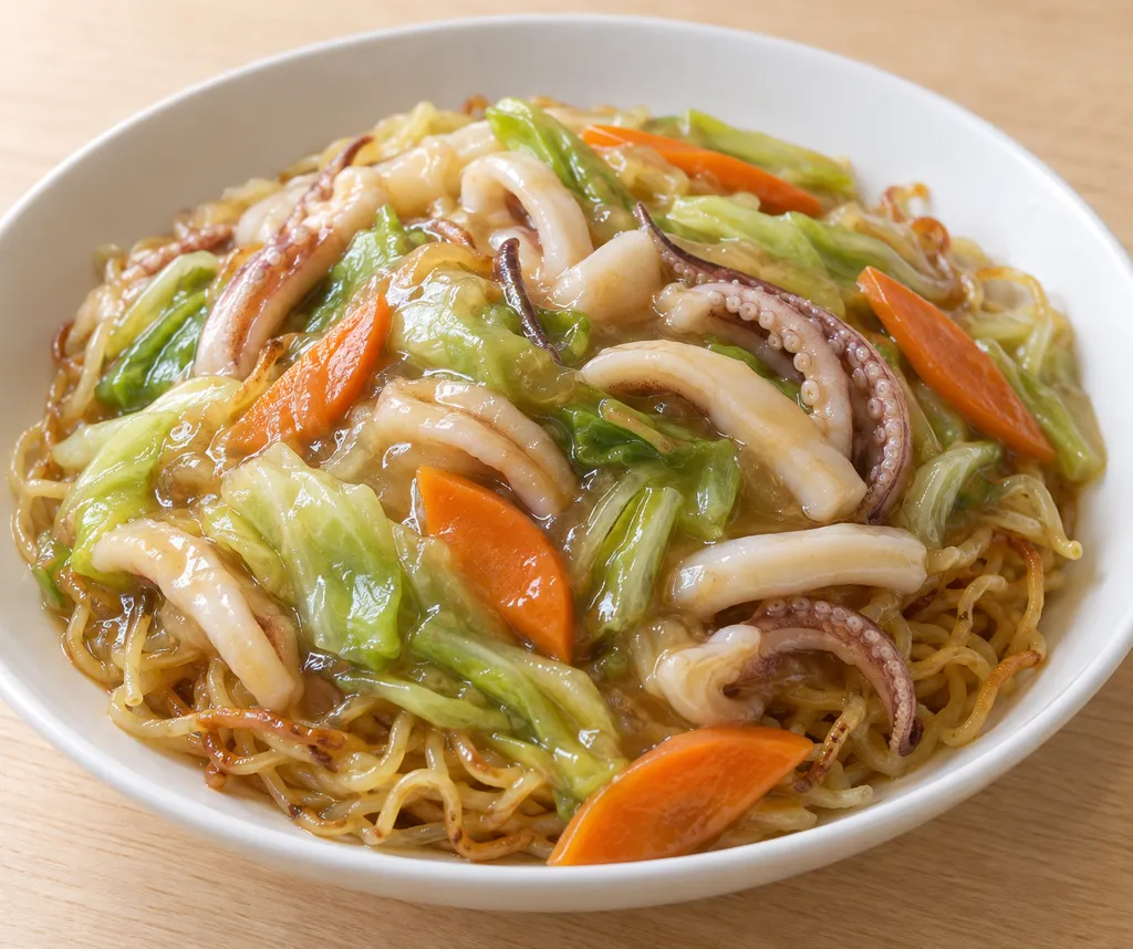 いかとキャベツの中華あんかけ麺の完成イメージ