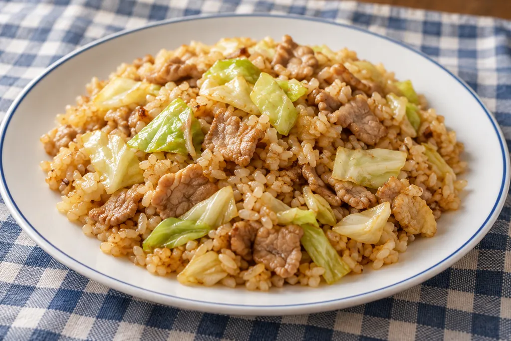 豚こま肉とキャベツの焼きめしの完成イメージ