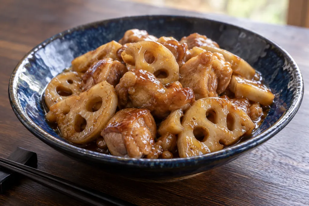 鶏もも肉とれんこんの味噌煮の完成イメージ